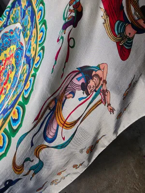 Vintage 100% Silk Scarf Hand Rolled Hem. DunHuang Art 43x41" thumbnail 3