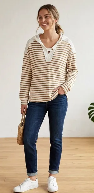 NWT Striped V-Neck Women's Hooded Long Sleeve Top thumbnail 1