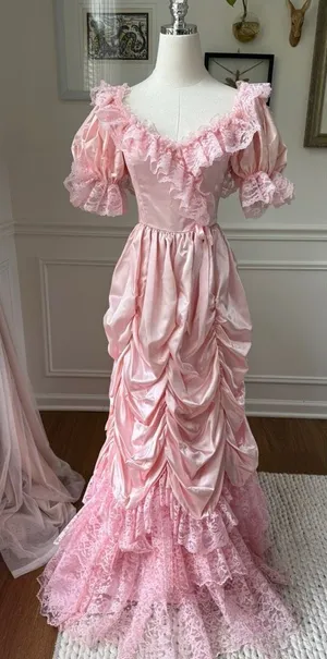 Vintage 80s Loralie Pink Southern Belle Bo Peep Prom Dress Gown XS thumbnail 1