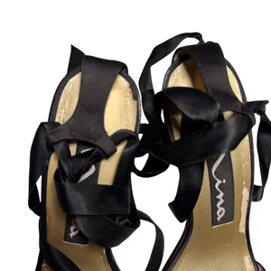 Nina Black Satin Heels with Ribbon Straps thumbnail 2
