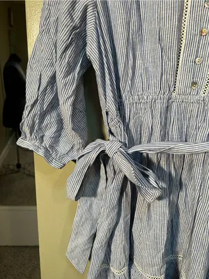 Zara Women's Size Large Mini Shirt Dress Blue White Stripes Crochet Belted Linen thumbnail 8