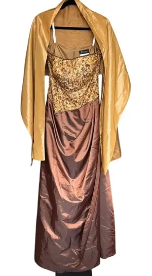 Jovani Formal Gown Sz‎ 12 Gold Brown Strapless Dress Sequins beaded Ball Prom thumbnail 1