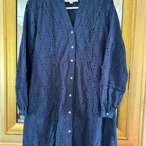 Loft Navy Blue Eyelet Button-Down Dress thumbnail 4