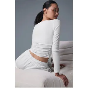 Alo Yoga Gather Long Sleeve White Ribbed Ruched Crop Top XS thumbnail 2
