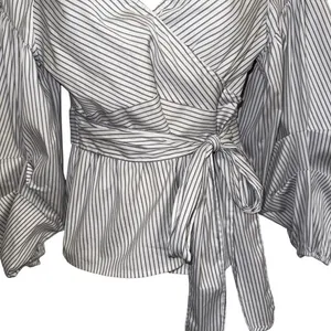 EXPRESS Belted Wrap Tie Top 3/4" Balloon Sleeves Cerulean Blue & White‎ NWOT S thumbnail 4