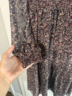 Smocked High-Neck Brown Floral Midi Dress with Long Sleeves thumbnail 3