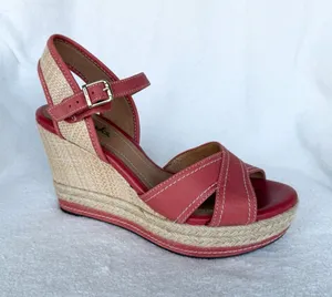 Clarks Coral /Beige Leather Wedge Espadrille Sandals Ankle Strap Buckle 6.5 thumbnail 1