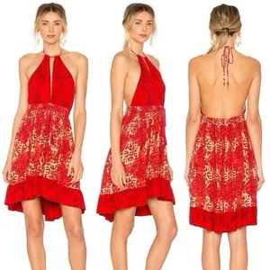 Free People Dress Beach Day Red And White‎ Halter Flowy Mini Boho Size L thumbnail 3