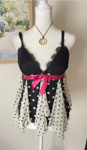 Victoria’s Secret Sexy Little Things Y2K Mesh Polka Dot Lace Babydoll Tank Top thumbnail 1