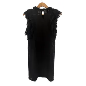 Sugar + Lips‎ Eyelet Ruffle Mini Dress Womens Small Black Pom Pom Trim STD10938 thumbnail 3
