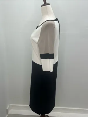 Calvin Klein Black White Taupe Long Sleeve Colorblock Knit Midi Dress Medium thumbnail 4