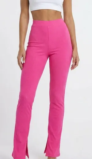 Naked Wardrobe Hot Pink Ribbed Split Hem Pants Womens Small thumbnail 1