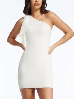 Dress the Population NWOT White One Shoulder Bow Crepe Mini Dress Size S thumbnail 1
