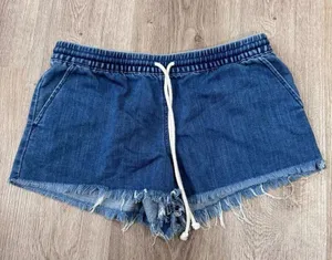 Aerie Chambray Pull On Drawstring Frayed Blue Shorts Medium thumbnail 1