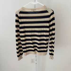 J. Crew EUC Women's Metallic Stripe Merino Wool Ruffle Sleeve Sweater Size L thumbnail 7