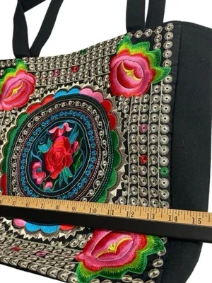 Guatemalan Embroidered Boho Floral Tote Bag Black Canvas Coin Trim thumbnail 10