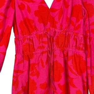 Kate Spade‎ x Target Vibrant Bright Red Pink Linen Blend Long Sleeve Midi Dress thumbnail 6