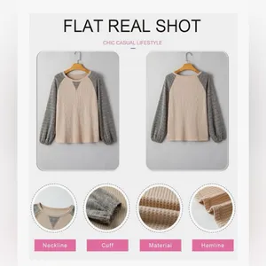 NEW Waffle Knit Tops Casual Crewneck Contrast Long Sleeve Shirt Loose Pullover M thumbnail 7