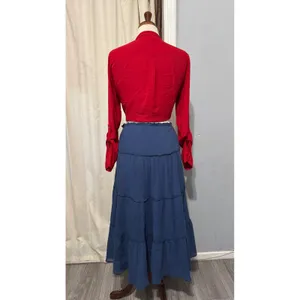 Chaps Maxy SKirt L‎ Navy Blue Crinkle Gauze Tiered Large Boho 100% Cotton Flowy thumbnail 12