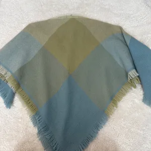 Churchill Handwoven Poncho Shawl Fring Plaid Green Camel Satin Neck Colorful OS thumbnail 2