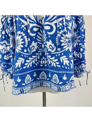 NWOT John Mark Linen Blend Floral Smocked Sleeves Top Blouse Shirt Blue Size M thumbnail 4