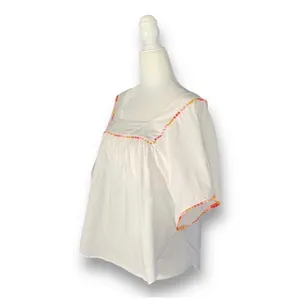 Madewell‎ White Cotton Pom PomTrim Blouse Medium Boho Festival Butterfly Top thumbnail 5