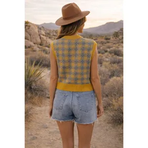 ZARA Chunky Wool Sweater Vest Plaid Star Pattern Yellow Gray Academia Small thumbnail 7