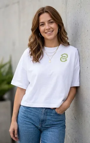 Maeve White Boxy Crop Tee with Lime Green Emblem 100% Cotton thumbnail 1