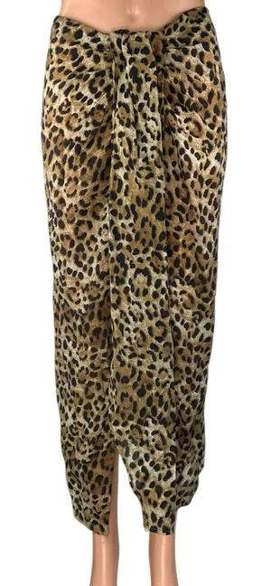 Zara Tan Black Leopard Animal Print Knit Zip Knot Front Midi Slip Skirt Size S thumbnail 1