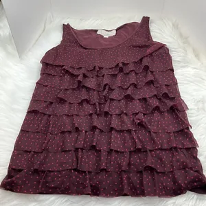 Ann Taylor Loft Top Women’s Small Burgundy Polka Dot Sleeveless Layered Ruffle thumbnail 1