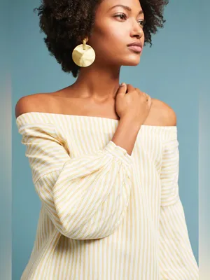 Maeve Anthropologie Clotille Off Shoulder Blouse Yellow Stripe Linen Blend Sz 14 thumbnail 6