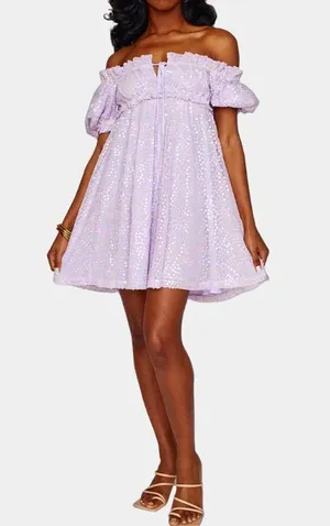 Buddy Love “Jac Puff” Sequin Purple Dress | M | Like-new Lavender Floral Overlay thumbnail 11