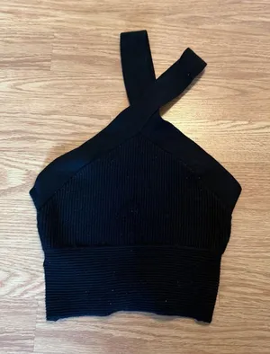 Abercrombie & Fitch Black Ribbed Cross-Front Crop Top thumbnail 1