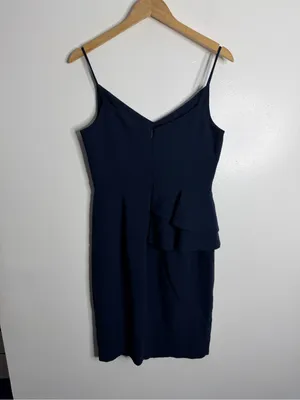 Black Halo Navy Peplum Sheath Dress V Neck Ruffle Cocktail Wedding Guest Size 8 thumbnail 3