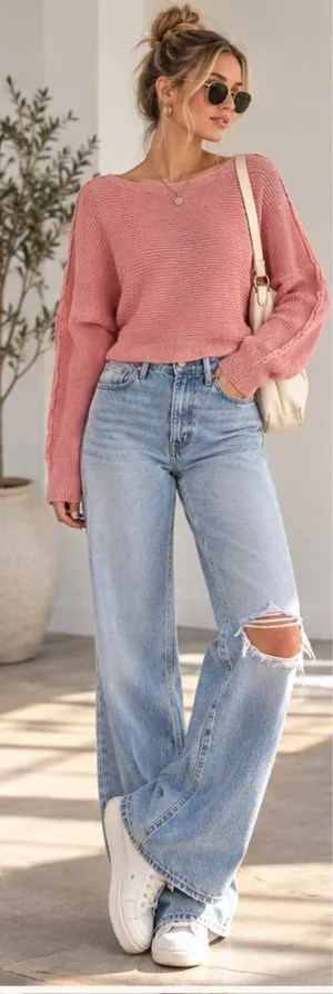 LA MIEL Dusty Rose Pink Knit Sweater Cropped Boat Neck Long Sleeve Small NWT thumbnail 1