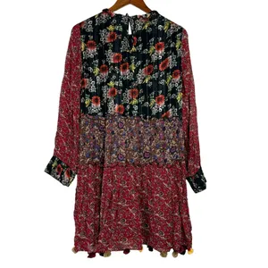 Zara Floral Patchwork Tiered Pompom Semi Sheer Peasant Mini Dress M Black Red thumbnail 6