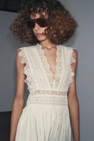 Zara Elegant Lace Trim Dress beads cream boho hippie summer beach thumbnail 5