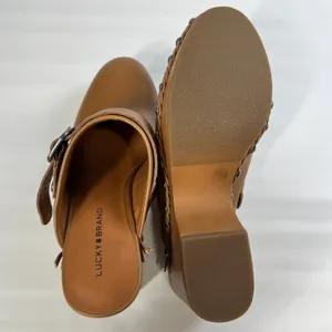 Lucky Brand Clog Heels Tan Leather Studded Braided Trim Slip-On Mule Sandals 7.5 thumbnail 5