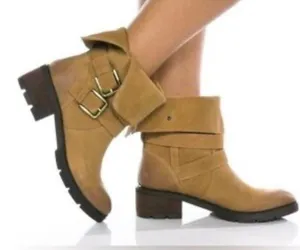 Donald Pliner Saraya Suede Boots Motorcycle Tan Sz 10 preppy Outdoor Combat thumbnail 1
