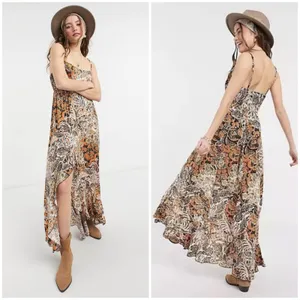 Free People Forever Yours Smocked Slip Maxi Dress Small Brown Black Floral Boho thumbnail 14