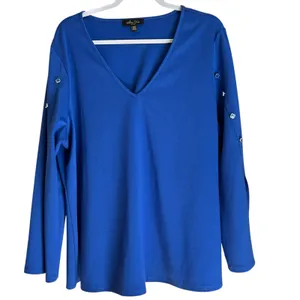 Melissa Paige Woman 1X Top Tunic Button Shoulders Slit Sleave Royal Blue Office thumbnail 4