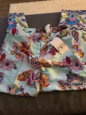 NWT Zara printed blue floral pants with an elastic waistband. Size Small thumbnail 5