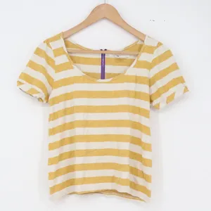 Camiseta T-Shirt Womens L Striped Yellow White Purple Back Zipper Casual Exc thumbnail 3
