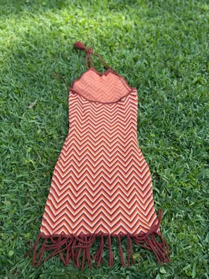 Lush Crochet Knit Halter Mini Dress Fringe Hem Boho Festival Size S thumbnail 8
