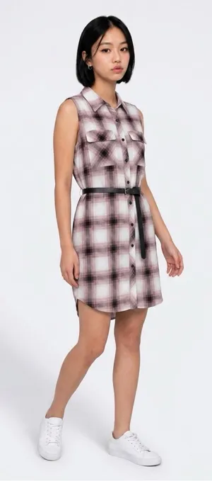 Plaid Sleeveless Shirt Dress in Pink with Belt thumbnail 1