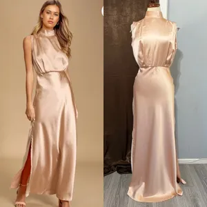 New Lulus Maxi Dress S Champagne Satin Mock Neck Sleeveless Side Slit Prom Gala‎ thumbnail 2