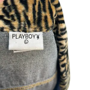 Vintage Playboy Leopard Trim Denim‎ Jacket Y2K Cropped Jean Jacket Size Large thumbnail 12