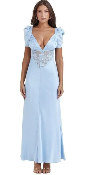 House Of CB NWOT 'Rafaela' Soft Blue Pure Silk & Lace Dress. Size XL thumbnail 5