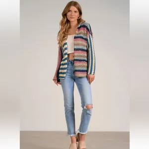Elan Nara Crochet Blue Pink Multicolor Sweater Cardigan NWT thumbnail 2
