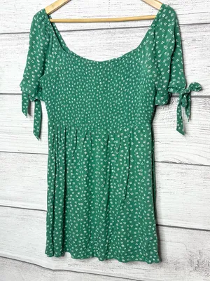 American Eagle Green Floral Tie Sleeve Smocked SquareNeck Mini Dress Size Medium thumbnail 3